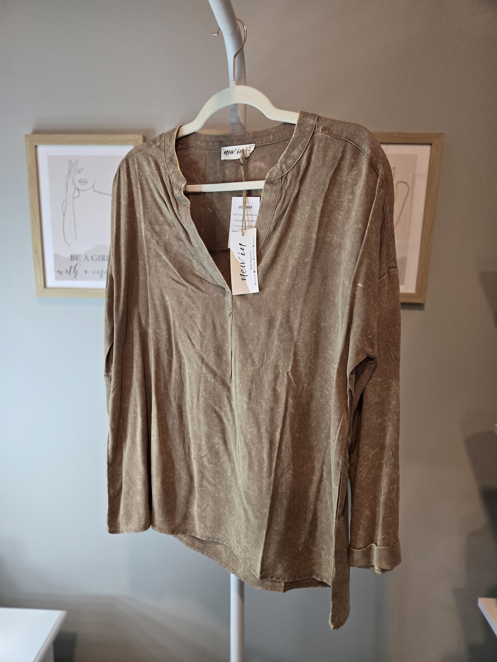 Mercury Washed V-Neck Long Sleeve Top in Olive Brown